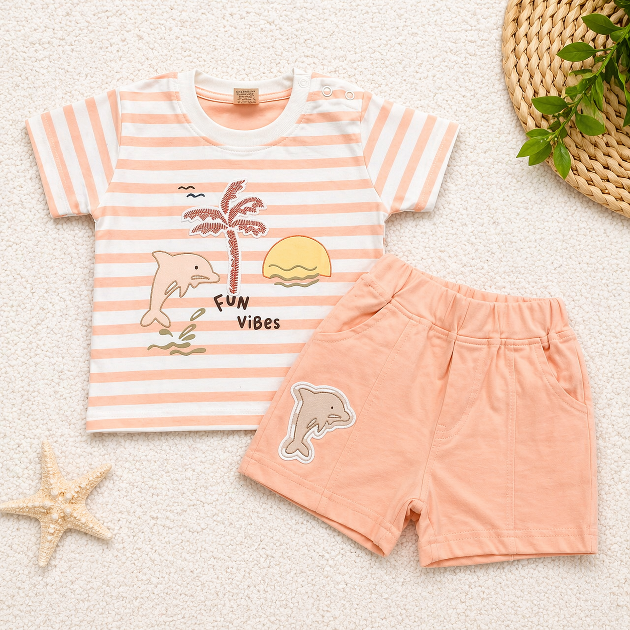 Krunchy Baby Boys Cotton T-Shirt and Shorts Set Peach Fun Vibes Dolphin Summer Outfit  - Cutypi