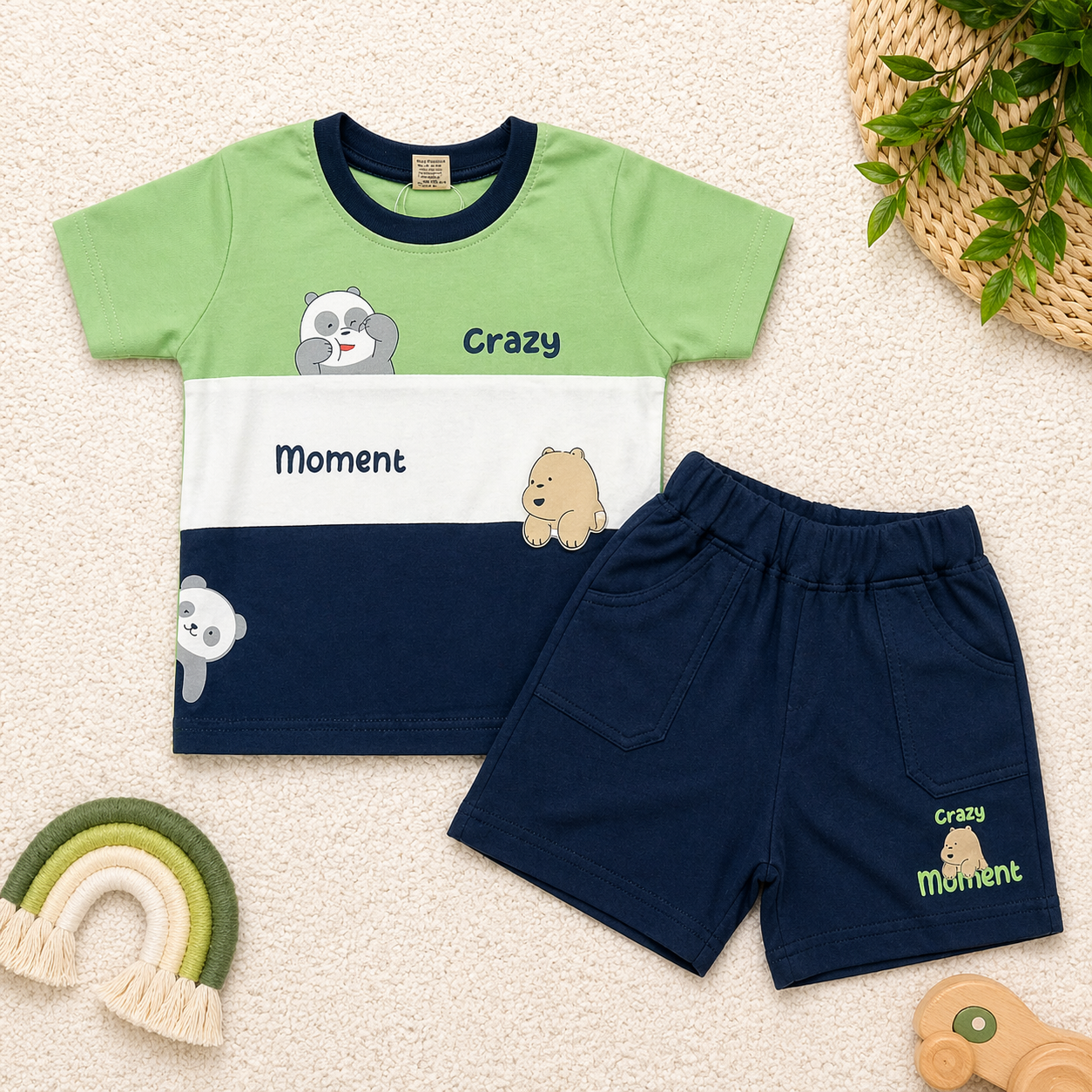 Krunchy Baby Boys Cotton T-Shirt and Shorts Set Green Crazy Moment Printed Summer Outfit  - Cutypi