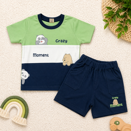 Krunchy Baby Boys Cotton T-Shirt and Shorts Set Green Crazy Moment Printed Summer Outfit  - Cutypi
