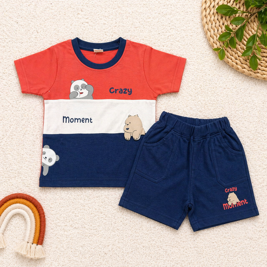 Krunchy Baby Boys Cotton T-Shirt and Shorts Set Red Crazy Moment Printed Summer Outfit  - Cutypi