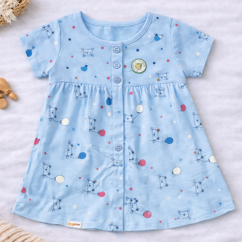 Hazelnut Baby Girl Cotton Dress Bunny Print Soft Short Sleeve Casual Baby Dress Sky Blue - Cutypi