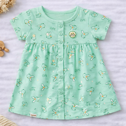 Hazelnut Baby Girl Cotton Dress Bunny Print Soft Short Sleeve Casual Baby Dress Green - Cutypi