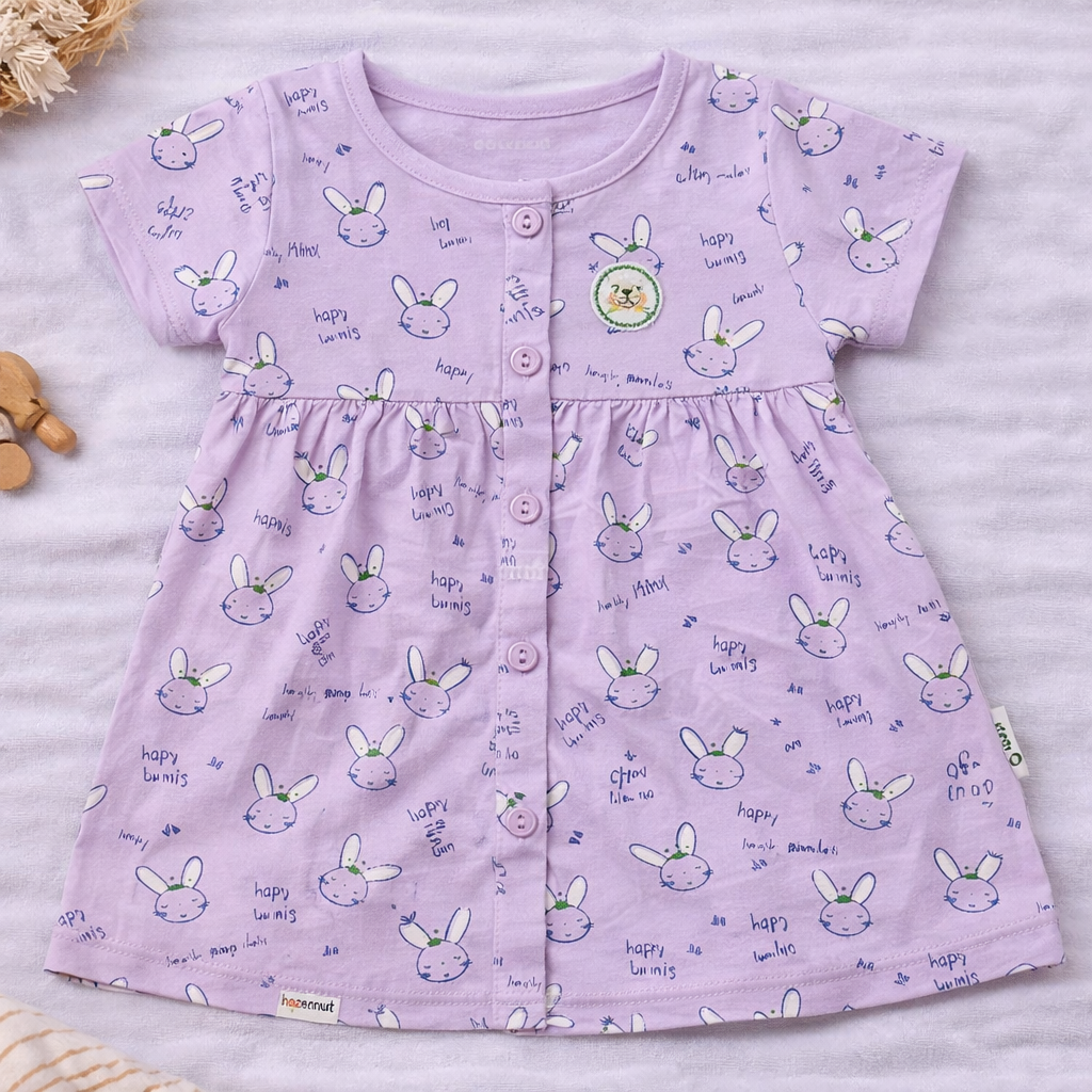 Hazelnut Baby Girl Cotton Dress Bunny Print Soft Short Sleeve Casual Baby Dress Purple - Cutypi