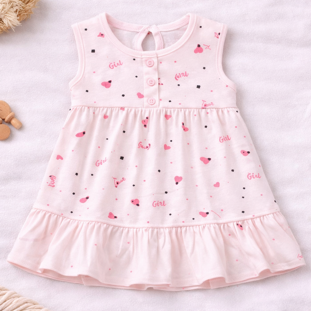 Hazelnut Baby Girl Cotton A-line Dress Soft Sleeveless Printed Peach Casual Summer Baby Dress - Cutypi