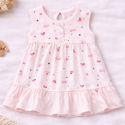 Hazelnut Baby Girl Cotton A-line Dress Soft Sleeveless Printed Peach Casual Summer Baby Dress - Cutypi