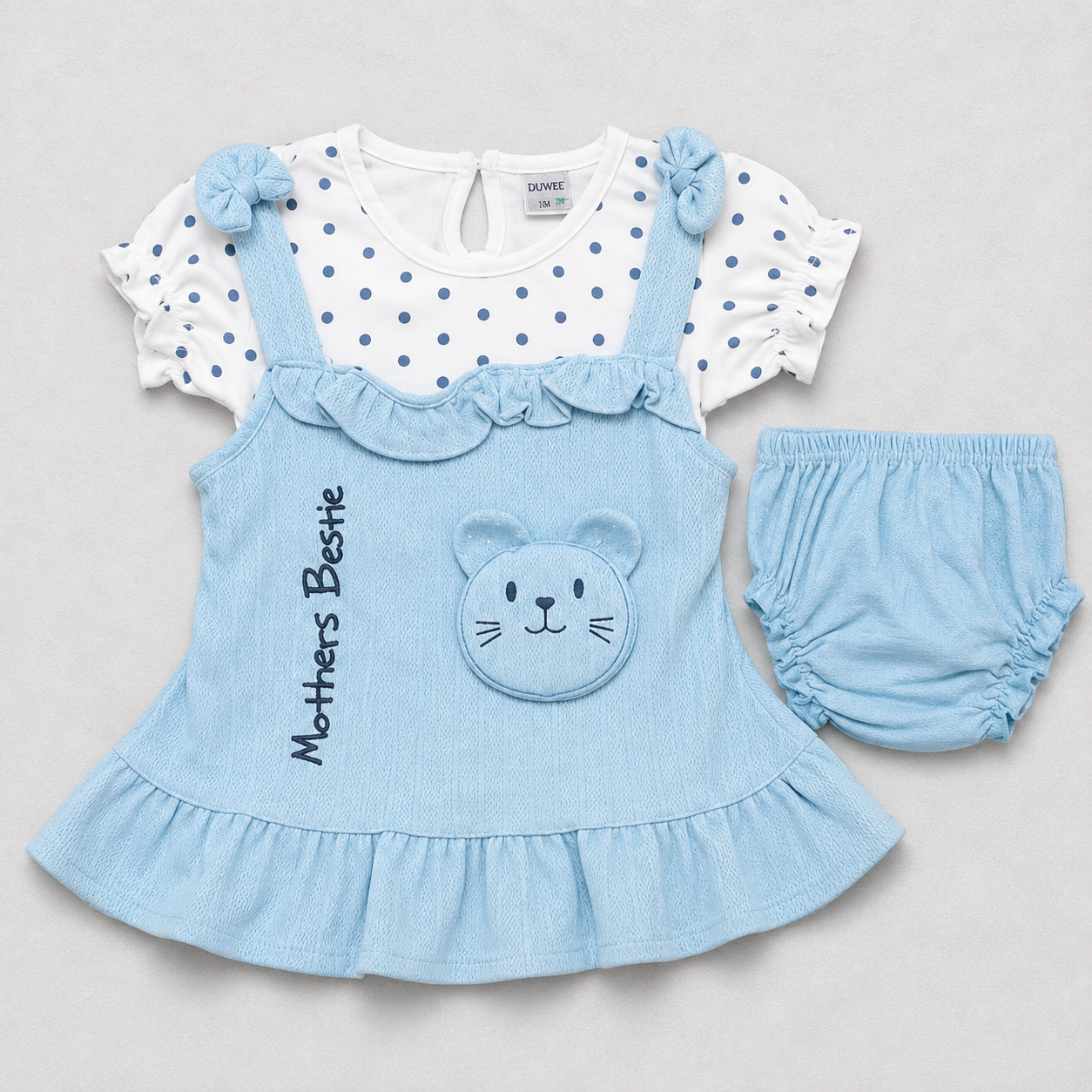 Baby Girls Frock & Bloomer Set | Sky Blue Cute Cat Design