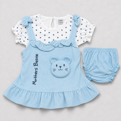 Baby Girls Frock & Bloomer Set | Sky Blue Cute Cat Design