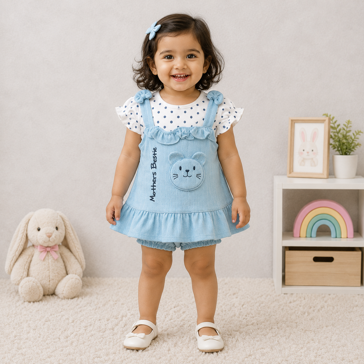 Baby Girls Frock & Bloomer Set | Sky Blue Cute Cat Design | Cutypi