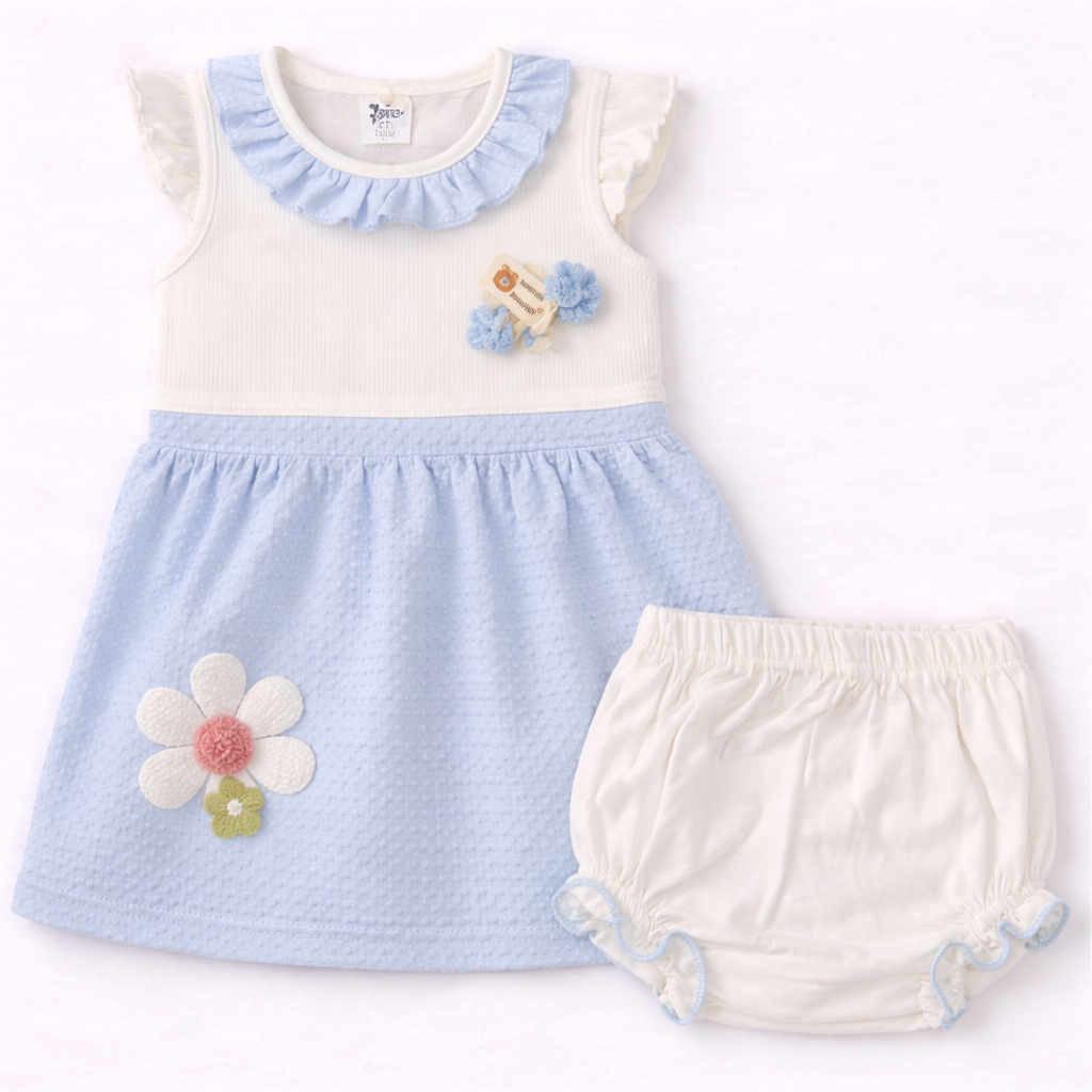 Baby Girls Blue & White Dress with Bloomers – Elegant & Adorable