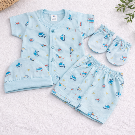 Newborn Baby Cotton Clothing Set Pink 4 Piece Printed Outfit with Cap Mittens