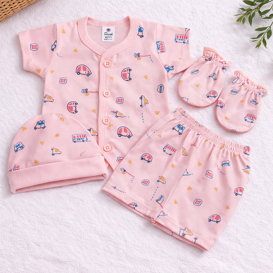 Newborn Baby Cotton Clothing Set Pink 4 Piece Printed Outfit with Cap Mittens