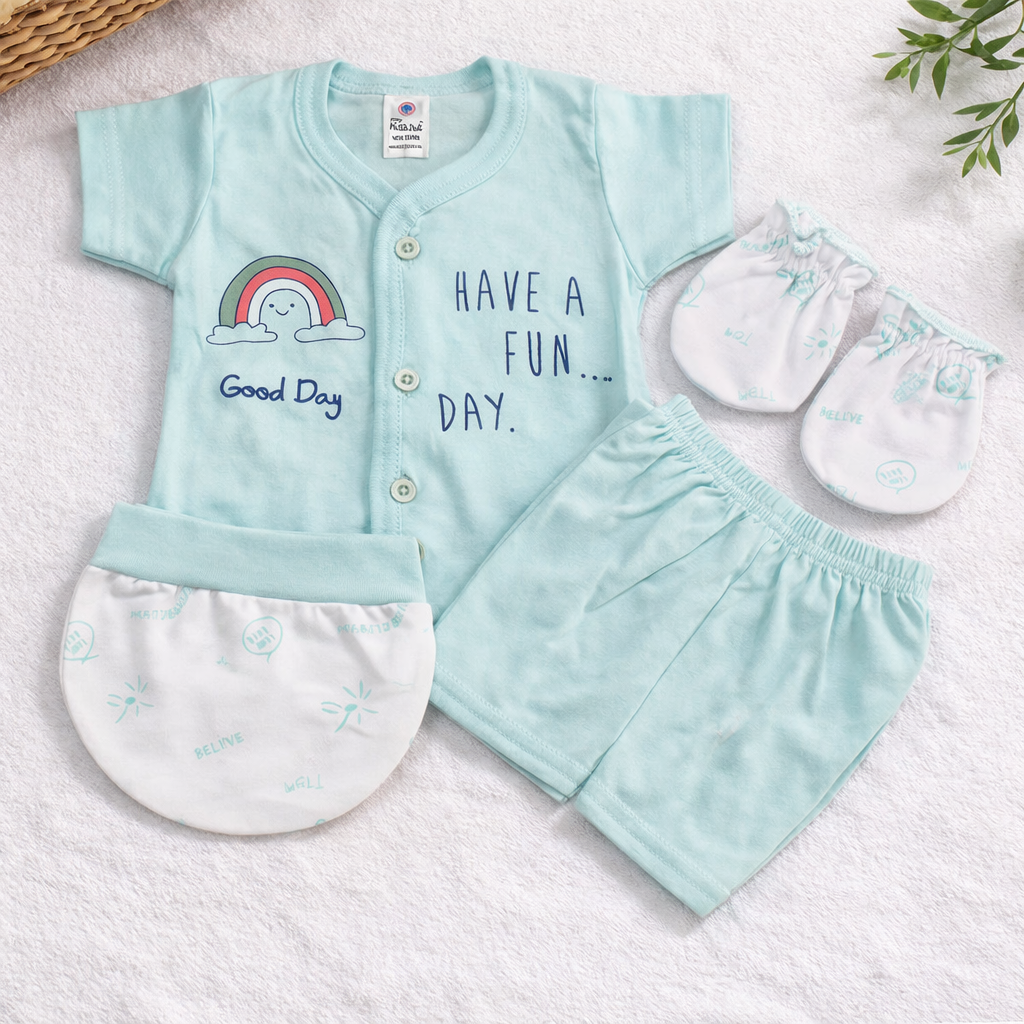 Newborn Baby Cotton Clothing Set Mint Green 4 Piece Outfit with Mittens Cap