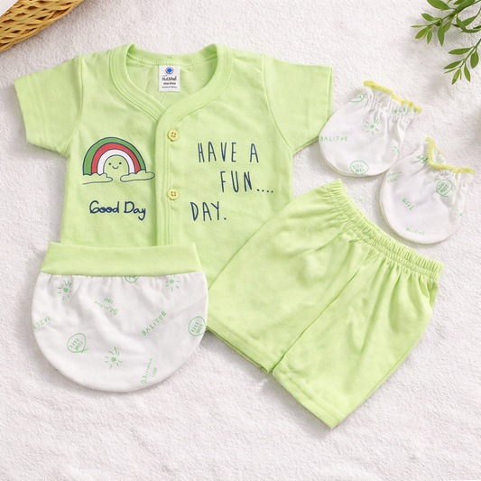 Newborn Baby Cotton Clothing Set Mint Green 4 Piece Outfit with Mittens Cap