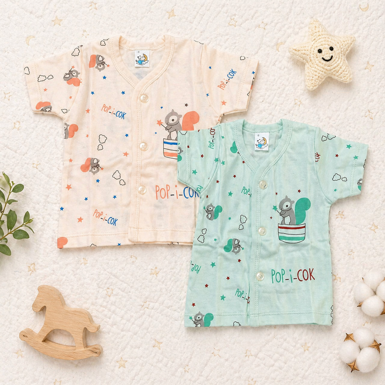 Newborn Baby Cotton Front Open Top -  Set of 2