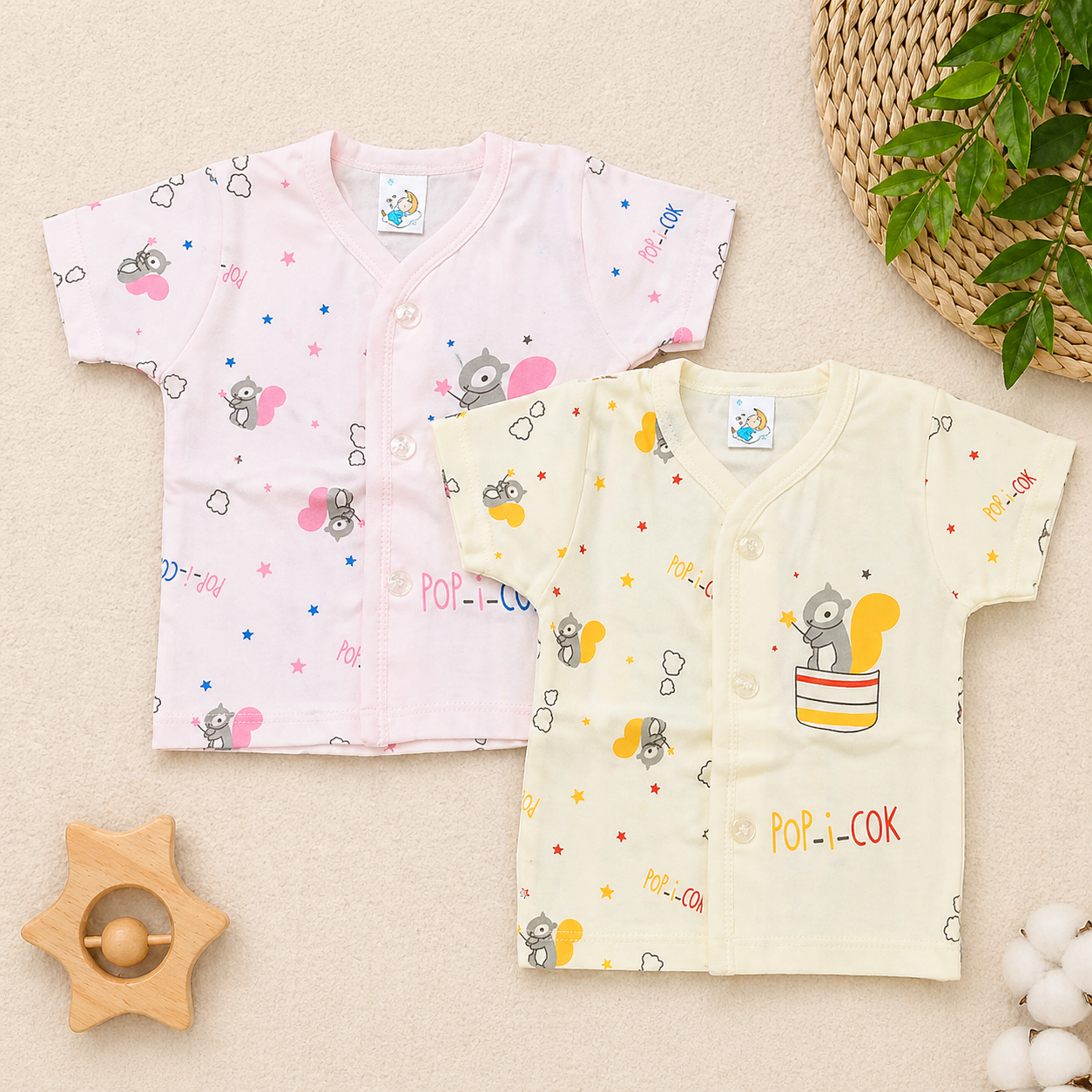 Newborn Baby Cotton Front Open Shirt Set Pink & Yellow Popcorn Print - Set of 2