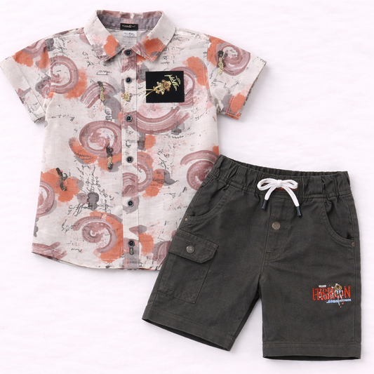 K Boys boys abstract printed cotton half sleeve shirt with dark grey cargo shorts summer co-ord set for kids