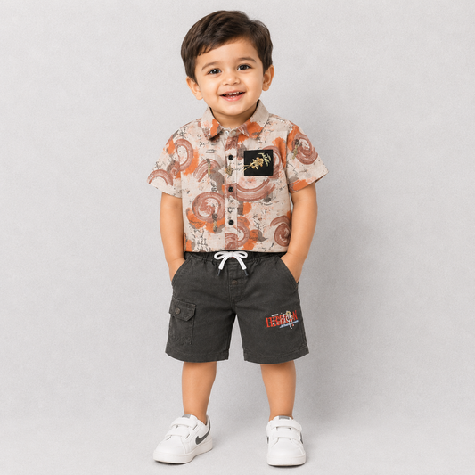Boys Printed Cotton Half Sleeve Shirt with Cargo Shorts Set