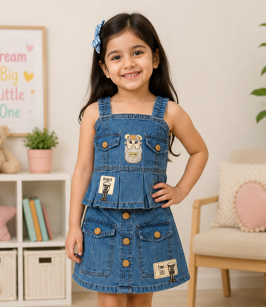 BabyQ Girls Blue Denim Frock Dress | Casual Denim Dress for Kids | Cutypi