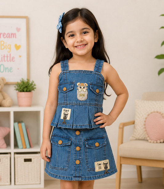BabyQ Girls Blue Denim Frock Dress | Casual Denim Dress for Kids | Cutypi