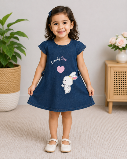 Girls Blue Denim Bunny Frock Dress | Cute Casual Dress