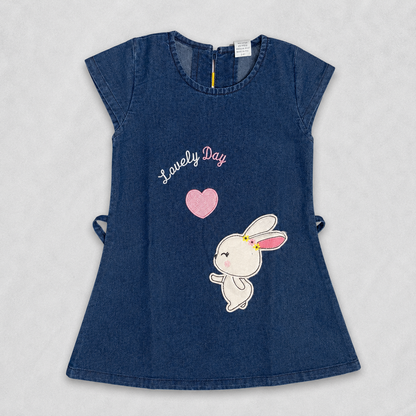 Ping Pong girls blue denim frock dress with cute bunny appliqué and heart detail