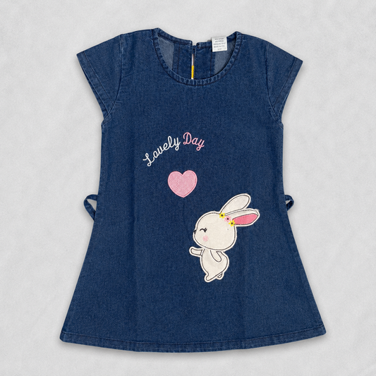 Ping Pong girls blue denim frock dress with cute bunny appliqué and heart detail