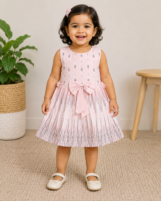 Girls Sleeveless Pink Printed Cotton Fit & Flare Dress