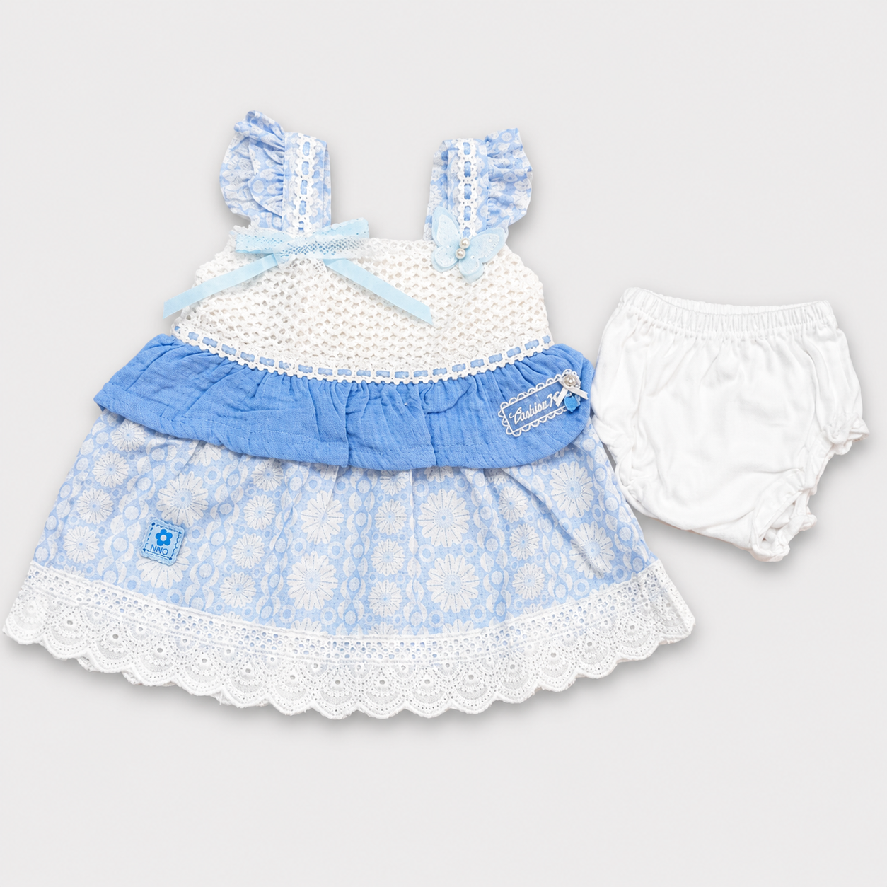 Kiko baby girls blue floral frock dress with crochet bodice and matching bloomer