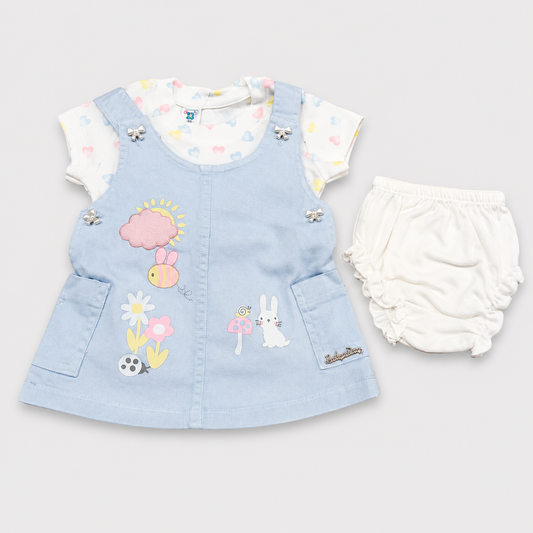 Baby Day Baby Girl Blue Cotton Pinafore Dress with Printed T-Shirt and Matching Bloomer Set for Babies | Cutypi