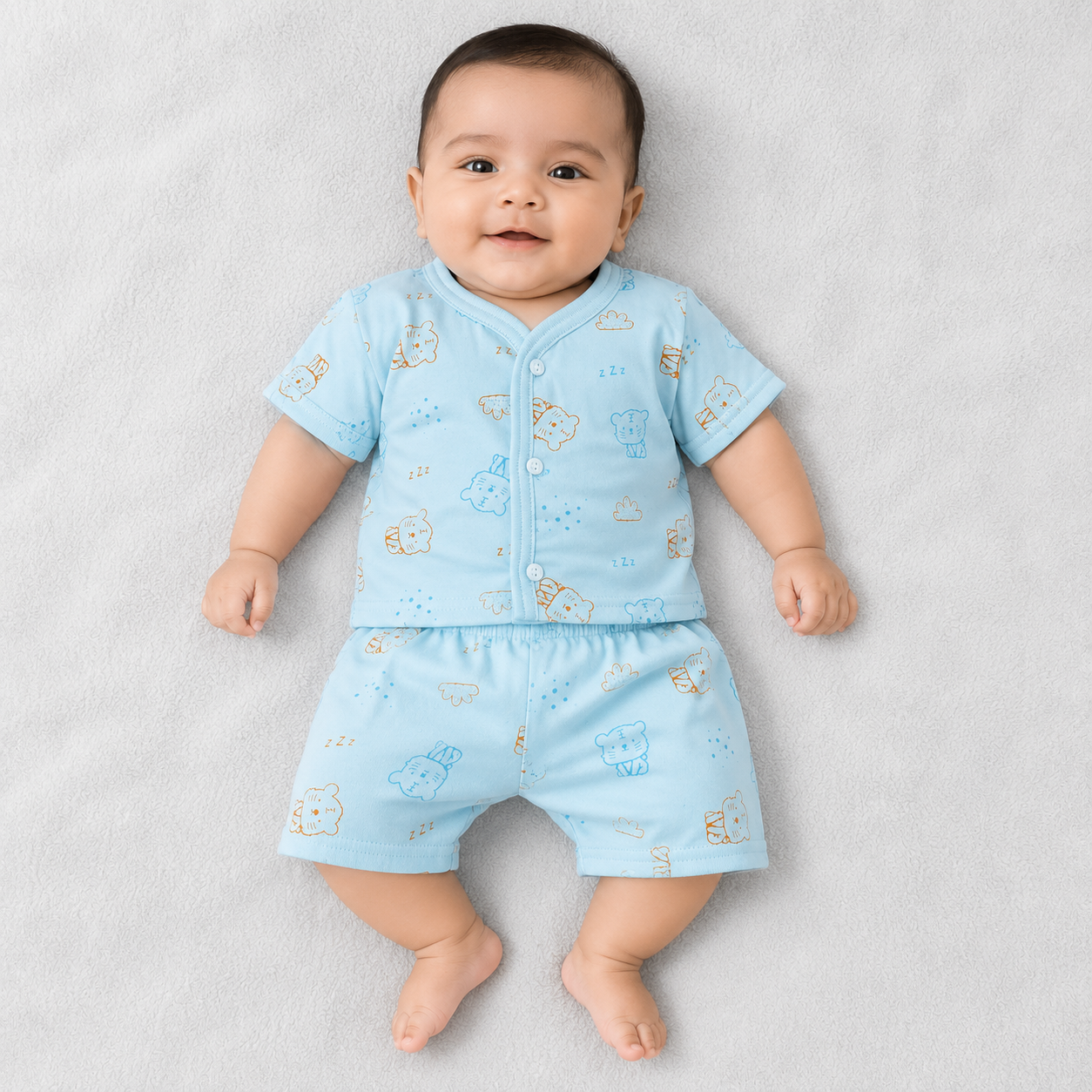 Natkhat Baby Boys Cotton Print Top & Shorts Set | Blue Cat Print