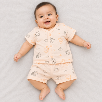 Natkhat Baby Boys Cotton Print Top & Shorts Set | Cat Print