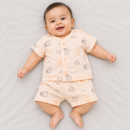 Natkhat Baby Boys Cotton Print Top & Shorts Set | Cat Print