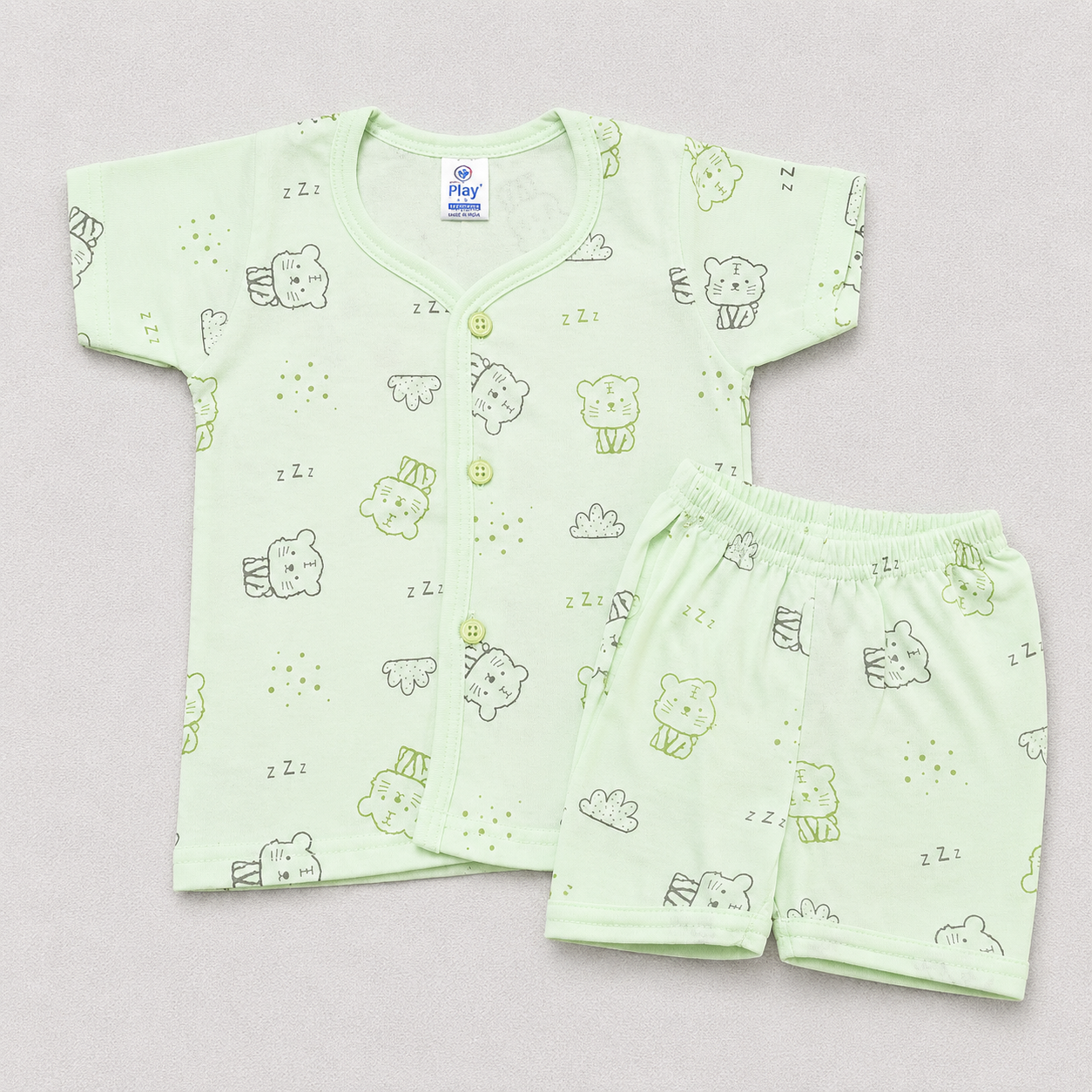 Natkhat Baby Boys Cotton Print Top & Shorts Set | Mint Cat Print