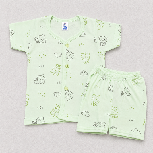 Natkhat Baby Boys Cotton Print Top & Shorts Set | Mint Cat Print