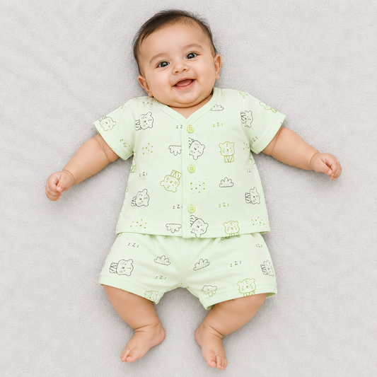 Natkhat Baby Boys Cotton Print Top & Shorts Set | Mint Cat Print