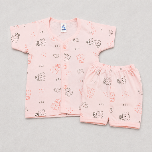 Natkhat Baby Boys Cotton Print Top & Shorts Set | Peach Cat Print