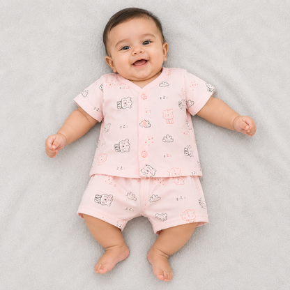 Natkhat Baby Boys Cotton Print Top & Shorts Set | Peach Cat Print