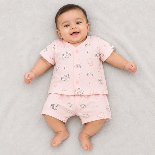 Natkhat Baby Boys Cotton Print Top & Shorts Set | Peach Cat Print