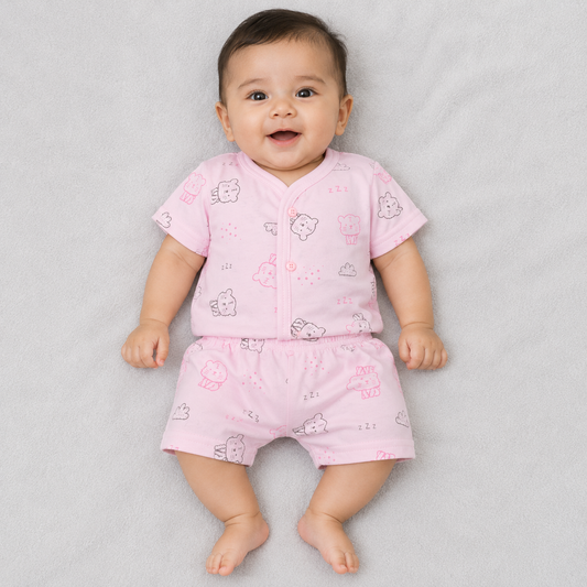 Natkhat Baby Boys Cotton Print Top & Shorts Set | Pink Cat Print