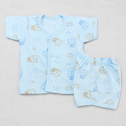Natkhat Baby Boys Cotton Print Top & Shorts Set | Sky Blue Cat Print