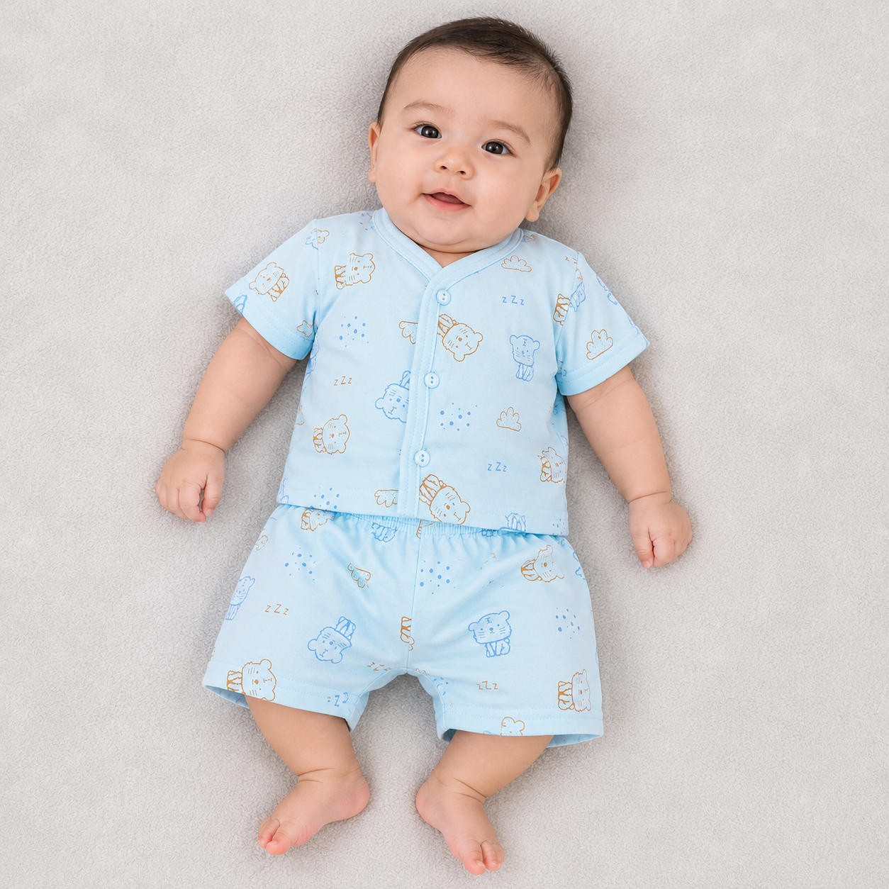 Natkhat Baby Boys Cotton Print Top & Shorts Set | Sky Blue Cat Print 