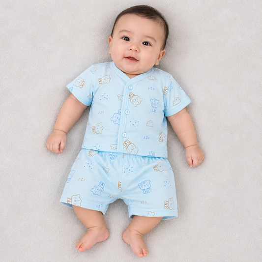 Natkhat Baby Boys Cotton Print Top & Shorts Set | Sky Blue Cat Print 
