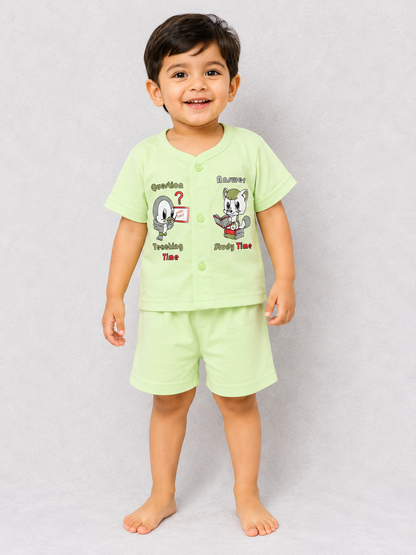 Natkhat Baby Boys Printed T-Shirt & Shorts Set Mint | Cartoon Outfit