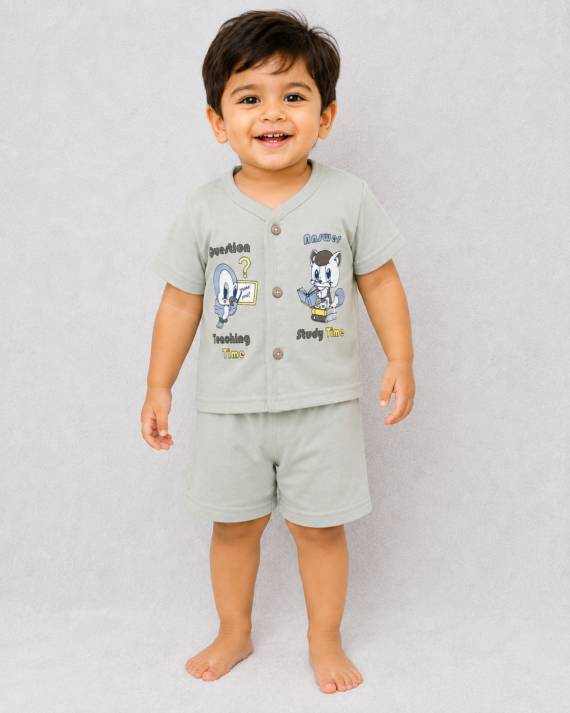 Natkhat Baby Boys Printed T-Shirt & Shorts Set Gray | Cartoon Outfit