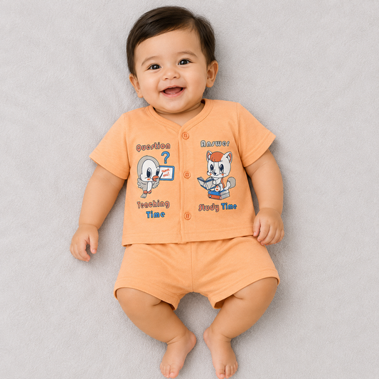Natkhat Baby Boys Printed T-Shirt & Shorts Set Orange | Cartoon Outfit