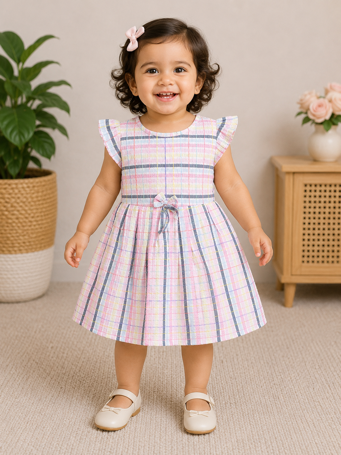 My Bubbly baby girls pink checked frock dress with bow waist and ruffle sleeves