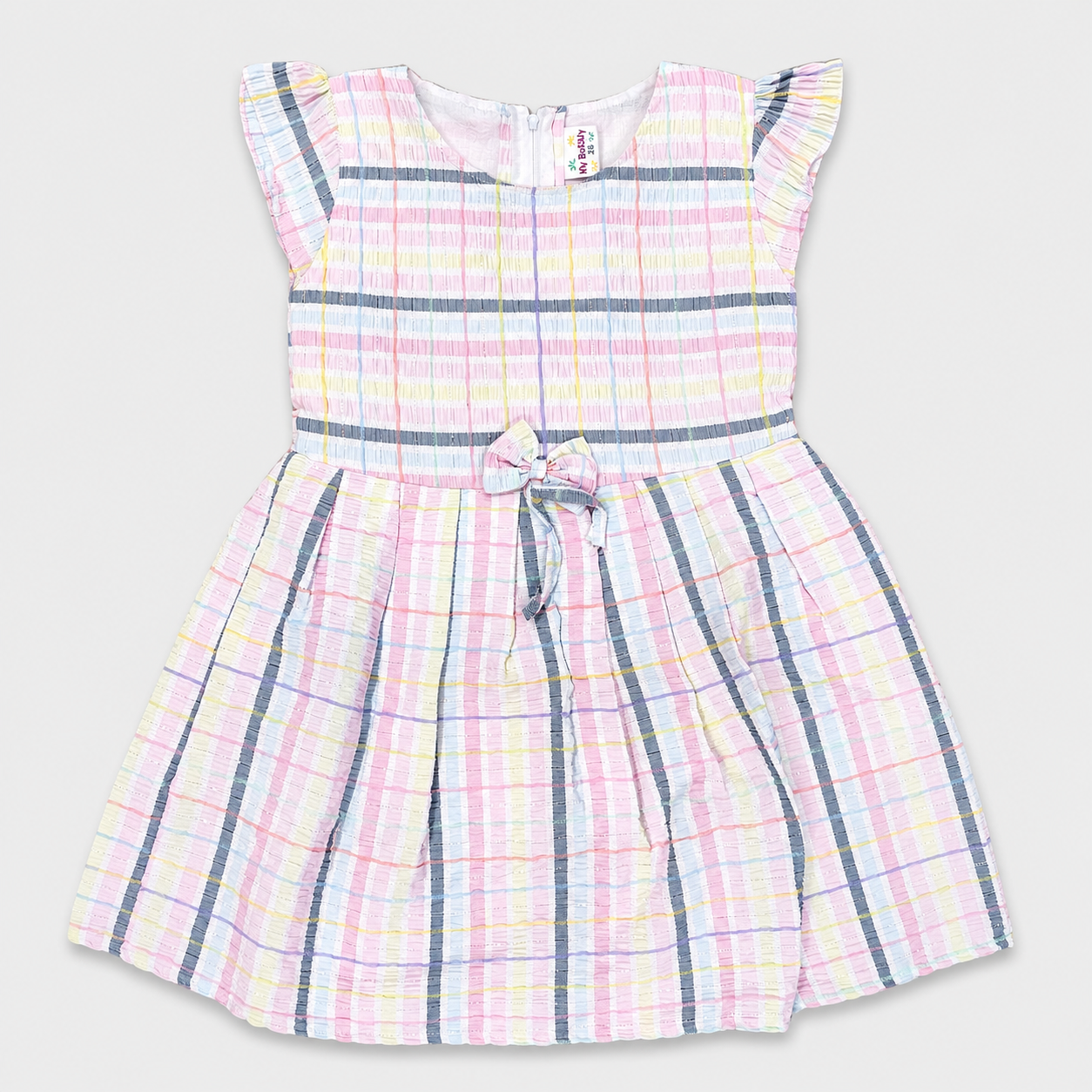 Girls Pink Checkered Fit & Flare Cotton Dress with Waist Bow, Flutter Sleeves, Soft Cotton Party Wear Dress for Girls | Cutypi.com