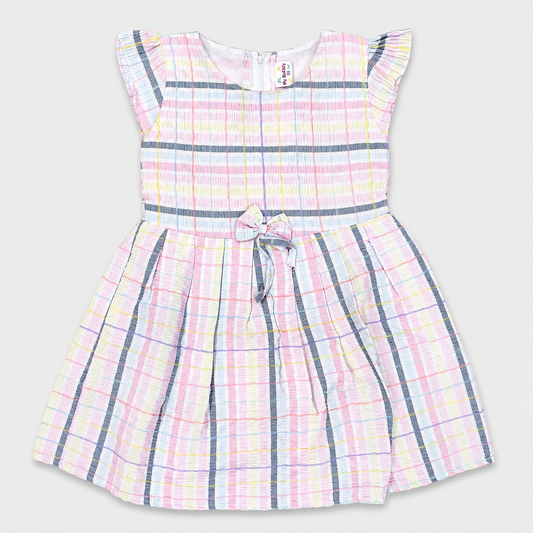 Girls Pink Checkered Fit & Flare Cotton Dress with Waist Bow, Flutter Sleeves, Soft Cotton Party Wear Dress for Girls | Cutypi.com