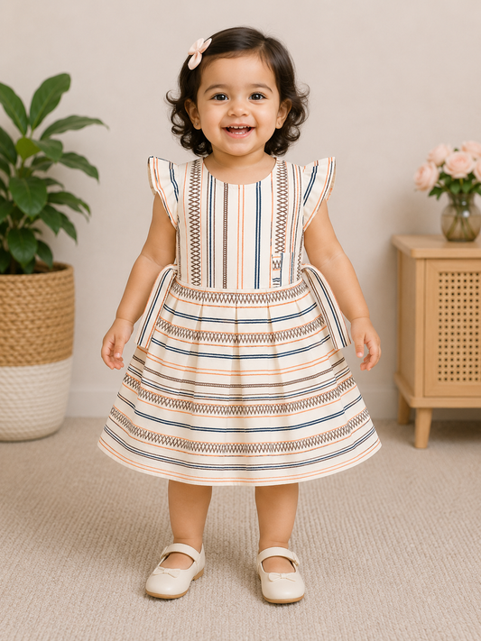 My Bubbly Girls Cream Striped Fit & Flare Cotton Dress with Waist Tie Belt