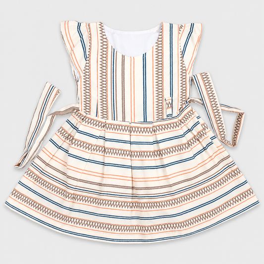 My Bubbly Girls Cream Multicolor Striped Fit & Flare Cotton Dress with Waist Tie Belt, Flutter Sleeves, Soft 100% Cotton Party Wear Dress for Girls | Cutypi.com